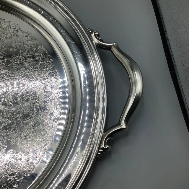 Oneida Round Silver Plated Tray With Handles - 1970 For Sale - Image 11 of 13