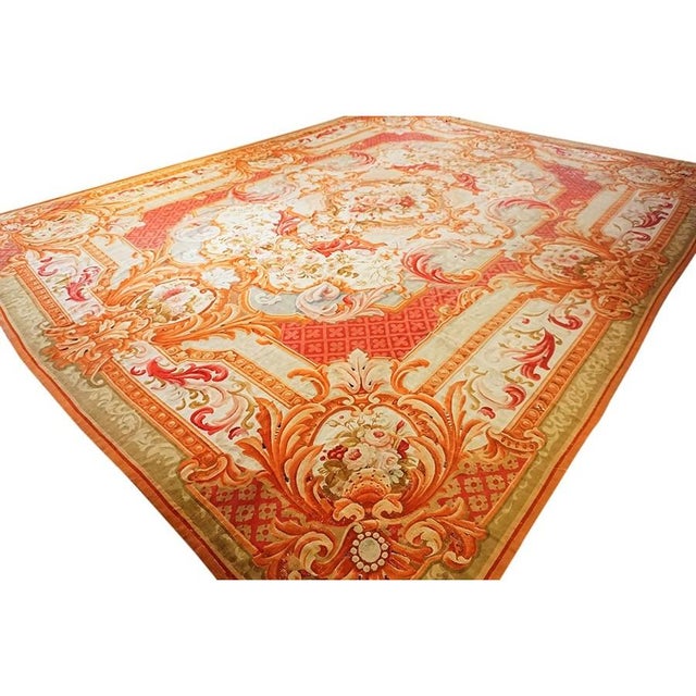 Textile 1850s Antique Aubusson French Large Wool Flat Weave Coral Rug For Sale - Image 7 of 9