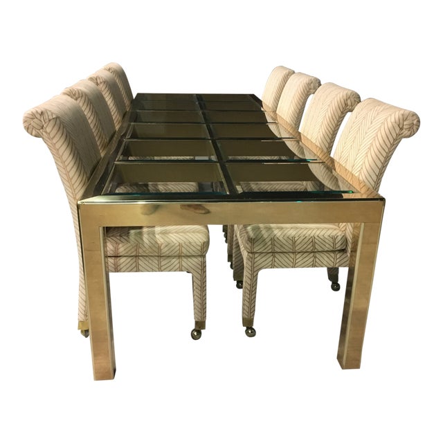 Monumental Mastercraft Parsons Style Extendable Brass and Glass Dining Table W/ Eight Rolling ...