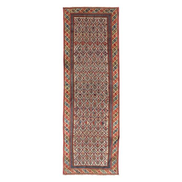 Late 19th Century Antique Caucasian Shirvan Runner With Diamond Design in Ivory Background For Sale
