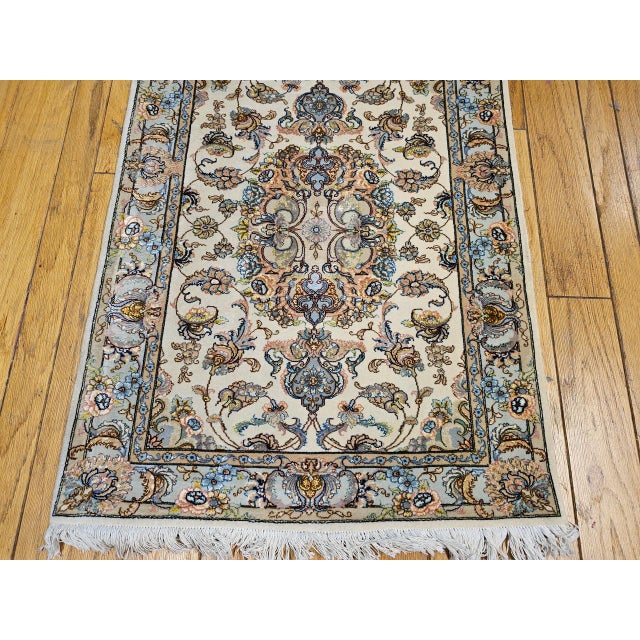 Fine Persian Tabriz Runner, Hand-Knotted Wool & Silk, Floral Medallion Pattern, Ivory & Pale Sage, 3x13 For Sale - Image 9 of 15