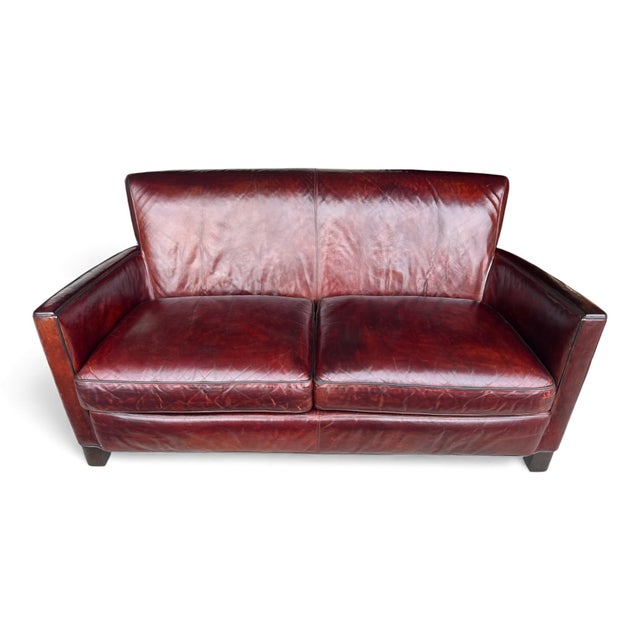 Rich Burgundy Vintage Leather Sofa With Beautiful Patina & Timeless Form - By Crate and Barrell For Sale - Image 16 of 17