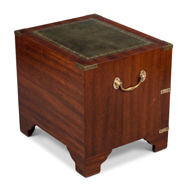 Mid-Century English Mahogany Campaign & Tooled Leather Side Tables / Chests - Pair For Sale - Image 4 of 5