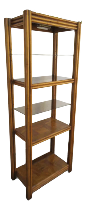 Hollywood Regency Bamboo Rattan Glass Shelving Display Cabinet Bookshelf 5830