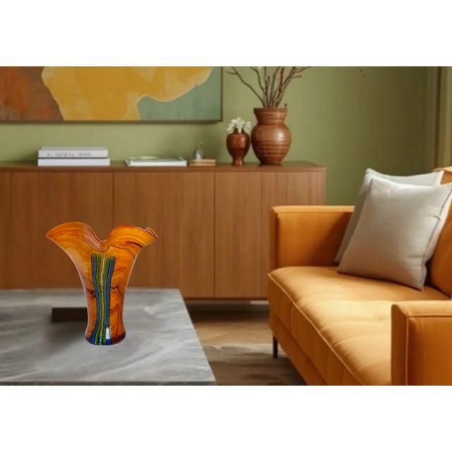 Early 21st Century Murano Missoni Style Art Glass Orange Fazoletto Filligrana Vase For Sale - Image 5 of 12