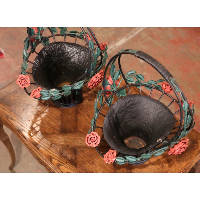 Mid 20th Century Vintage French Painted Metal Hanging Baskets With Floral and Leaf Decor - a Pair For Sale - Image 12 of 13