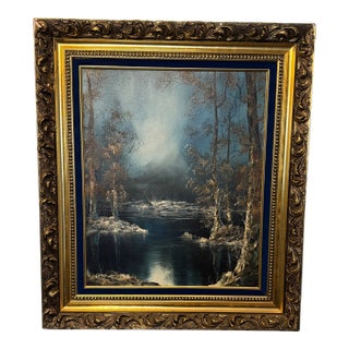 Mid 20th Century Signed Original Oil on Canvas Winter Landscape by Julian Rhinehardt – Ornate Gold Frame For Sale