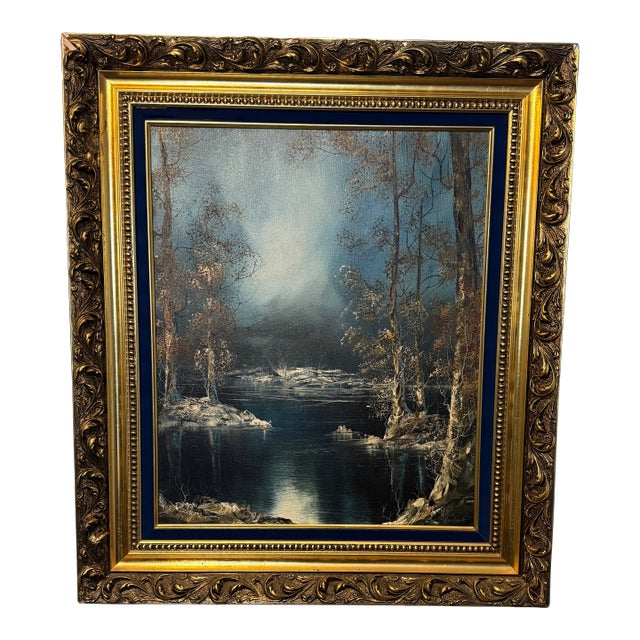 Mid 20th Century Signed Original Oil on Canvas Winter Landscape by Julian Rhinehardt – Ornate Gold Frame For Sale