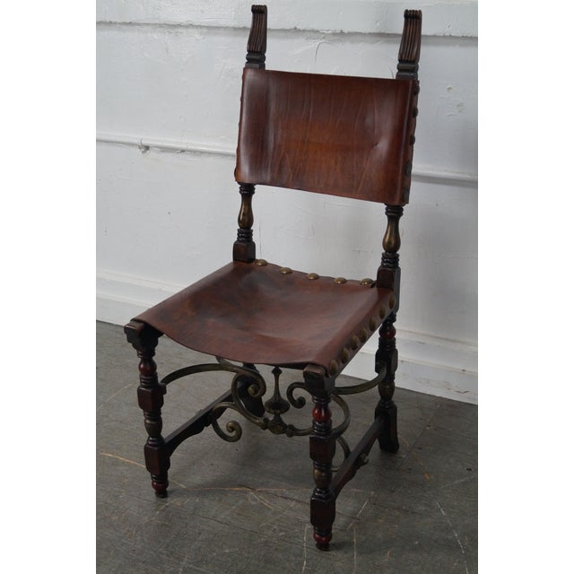 Antique Spanish Revival Walnut & Leather Iron Stretcher Side Chair