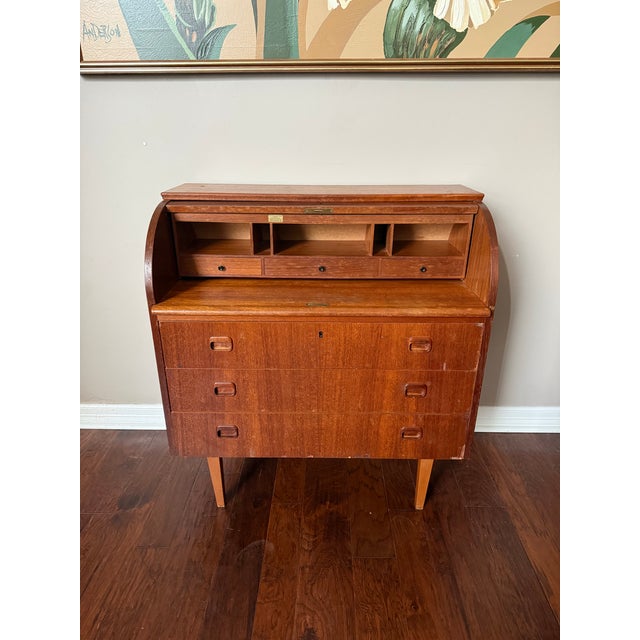 Mid-Century Modern Vintage 1960s Danish Teak MCM Rolltop Secretary Desk Attributed to Egon Ostergaard For Sale - Image 3 of 12
