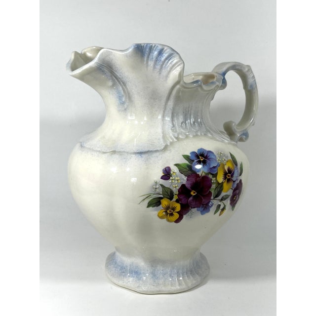 1970s Vintage Violet, Blue and Yellow Pansy Floral Ceramic Pitcher & Wash Bowl Set, Signed 1997 For Sale - Image 5 of 11