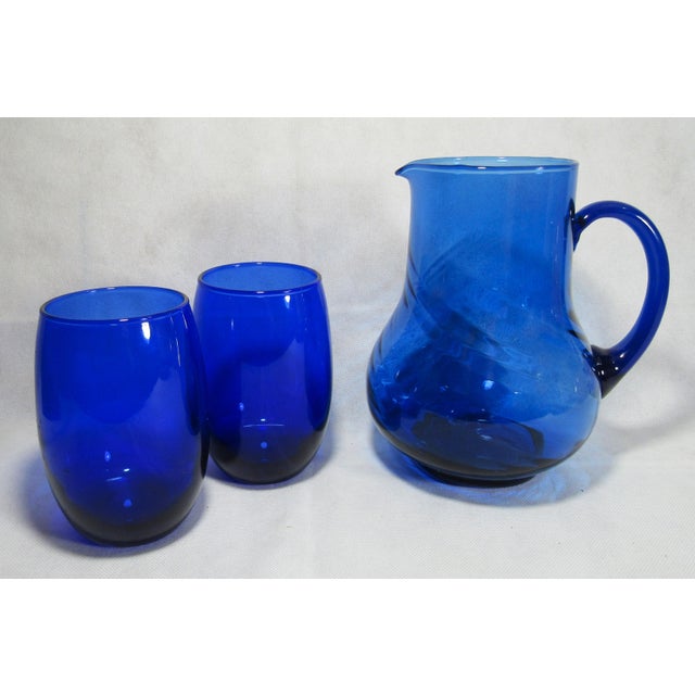 Mid 20th Century Mid Century Modern Cobalt Blue 1 Pitcher + 2 Wine Glasses For Sale - Image 4 of 13