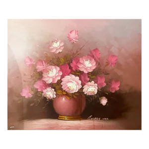 Vintage Still Life Oil Painting of Pink Roses in Vase by 20th Century American Artist, Robert Cox (1934-2001)