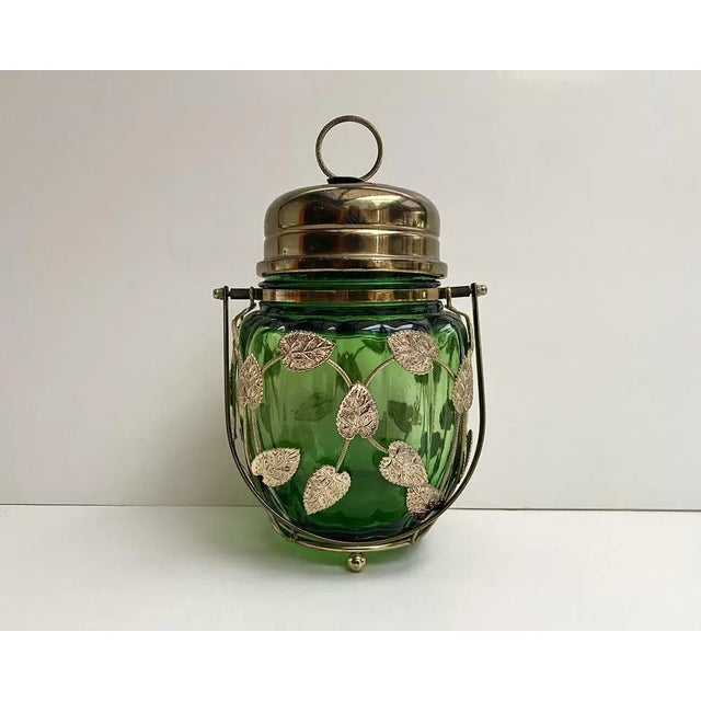 Vintage musical cookie jar sugar bowl, bonbonniere, candy bowl, biscuit maker "Leaves", glass, brass, Art Nouveau, France,...