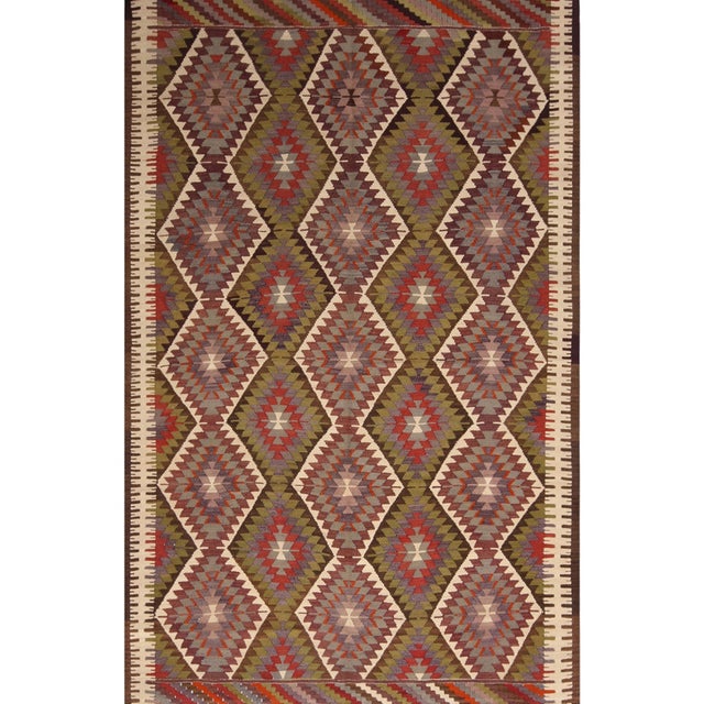 Mid-Century Modern 1950s Vintage Mid-Century Antalya Beige Blue and Green Wool Kilim Rug For Sale - Image 3 of 6