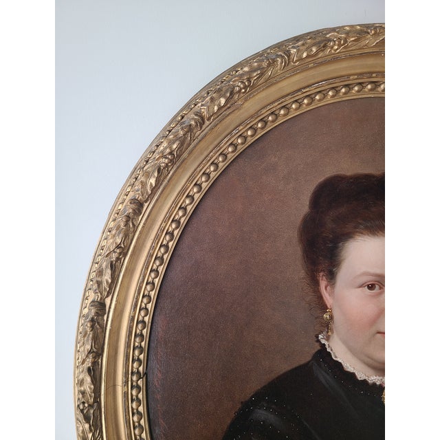 Antique 19th Century German Oval Oil Painting Portrait of a Lady With a Cameo For Sale - Image 9 of 15
