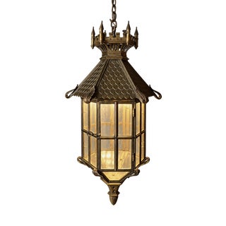 Gothic Revival Bronze Hanging Lantern with Castellated Crown, 1930s For Sale