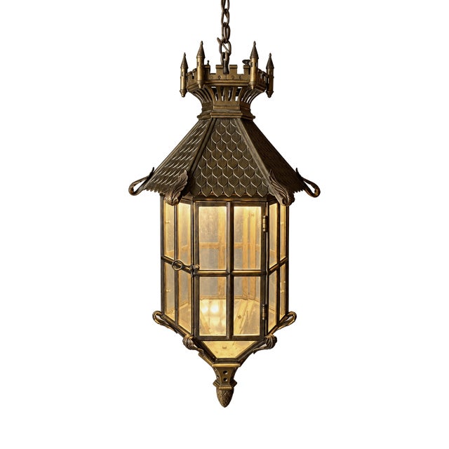 Gothic Revival Bronze Hanging Lantern with Castellated Crown, 1930s For Sale