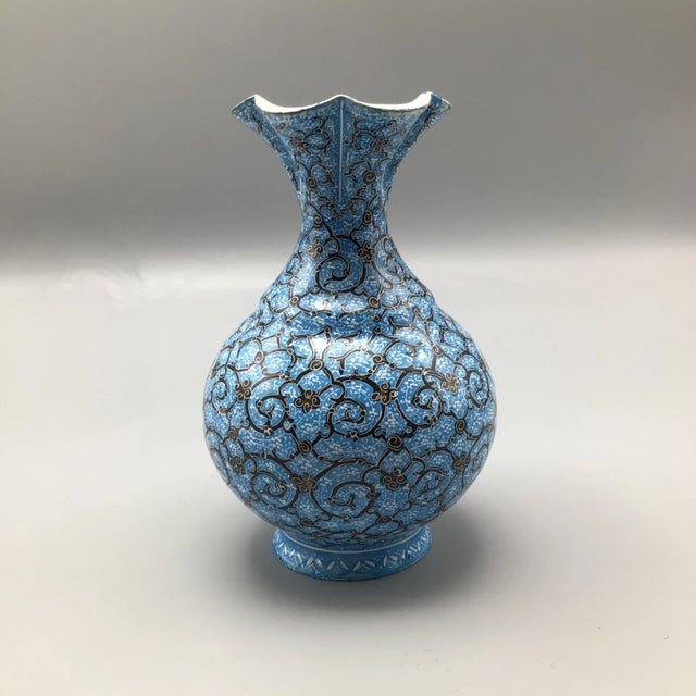 Vintage Ottoman Style Persian Enamel Floral Mouth Vase Blue Gold and White Enamel Over Metal Body With Artist Mark For Sale - Image 13 of 13