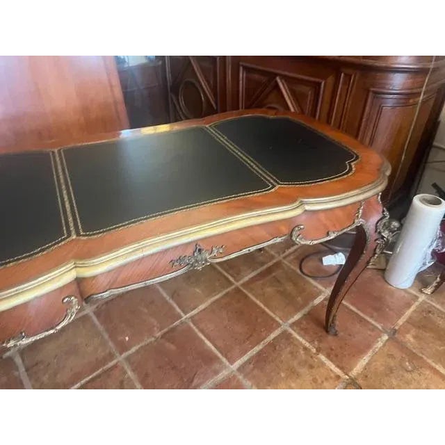 1930s Antique Mahogany Green Leather Top French Writing Desk For Sale - Image 5 of 9