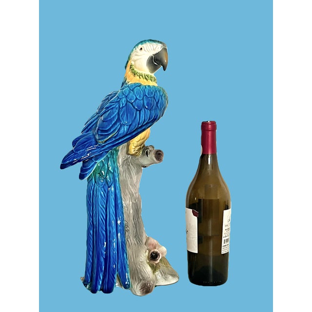Traditional Large Mid Century Italian Royal Blue and Yellow Ceramic Hand Painted Majolica Macaw (Parrot) For Sale - Image 3 of 12