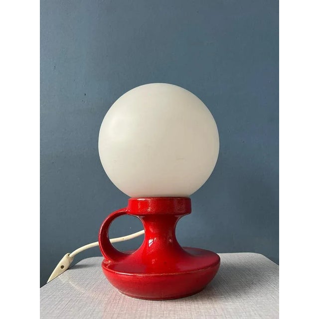 Red Mid-Century West German Ceramic Table Lamp with White Opaline Glass Shade For Sale - Image 8 of 11