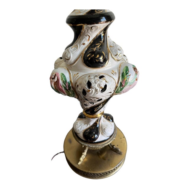 Vintage Capodimonte Porcelain Italy Black White Handpainted Fish Filigree Table Lamp For Sale - Image 13 of 16