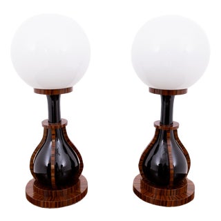 Art Deco Lamps in Wood, Ceramic, and Glass, Poland, 1950s, Set of 2 For Sale