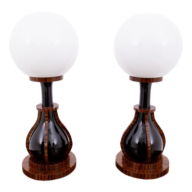 Art Deco Lamps in Wood, Ceramic, and Glass, Poland, 1950s, Set of 2 For Sale