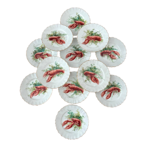 Early 20th Century French Limoges Hand Painted Lobster Gold Leaf Scalloped Plates - A Set of 12 Plates