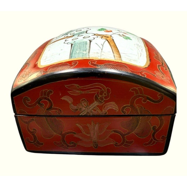 Antique early 20th-century Chinese red lacquer jewelry or trinket box featuring an unusual combination of lacquerwork,...