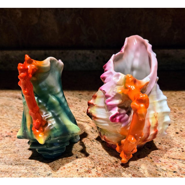 2 Royal Bayreuth Figural Spiky Shell /Milk / Creamer / Conch Shell Creamers or Pitchers Unmarked With Coral Handle / Unmarked Dates From Early 1900s For Sale - Image 4 of 6