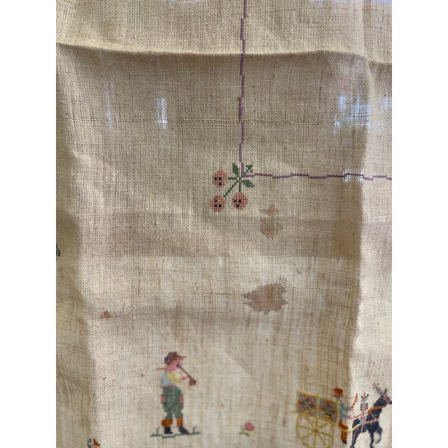 Textile Vintage Hand-Embroidered Linen Tablecloth With Figural Motif and Fringe Border For Sale - Image 7 of 9