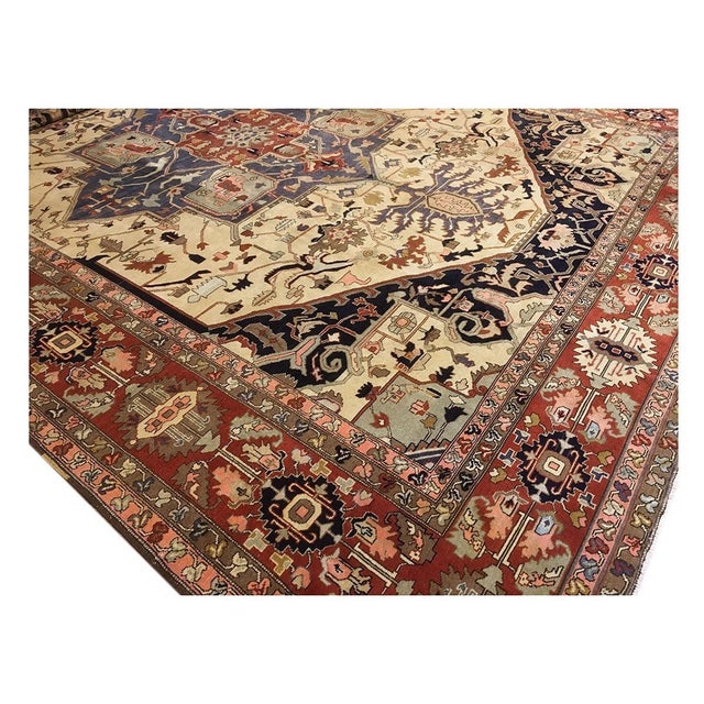 Persian Vintage Persian Serapi Wool 14x18 Ivory, Blue & Rust Handmade Area Rug #9900491 For Sale - Image 3 of 8