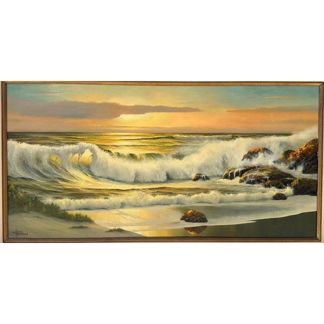 Extra Large Signed William Hoffman Oil Painting – Dramatic California Sunset Seascape in carved wood Gold Gilt Frame c....