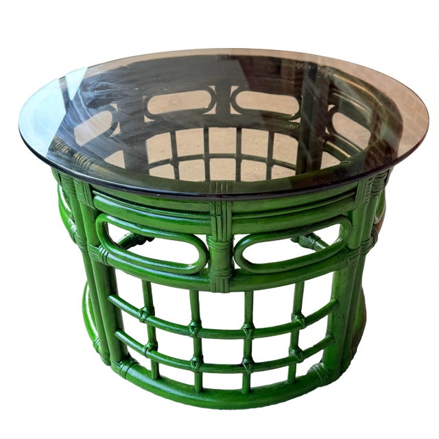 Mid-Century Bespoke Green Rattan Smoked Glass Side Table - Newly Painted For Sale