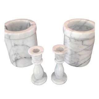 Marble Canisters & Candlesticks - Set of 4 For Sale