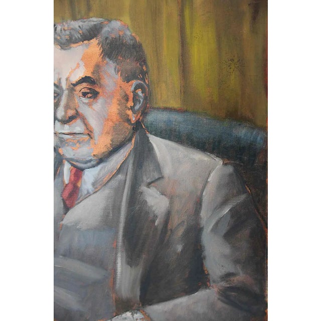 Vintage portrait painting on canvas of a seated man wearing a suit.