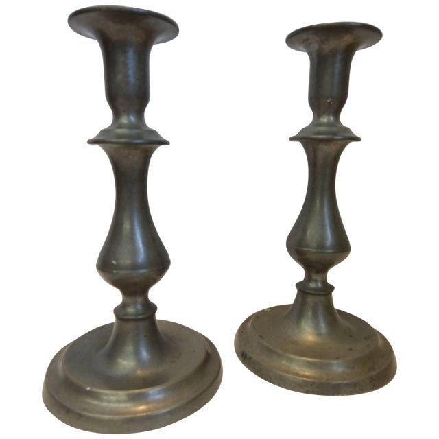 Pair of Colonial Style Pewter Taper Candlesticks For Sale