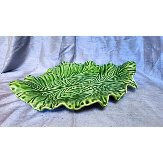Bordallo Pinheiro Late 20th Century 17" Portugese Cabbageware Leaf Tray Trompe l'Oeil Majolica For Sale - Image 4 of 9