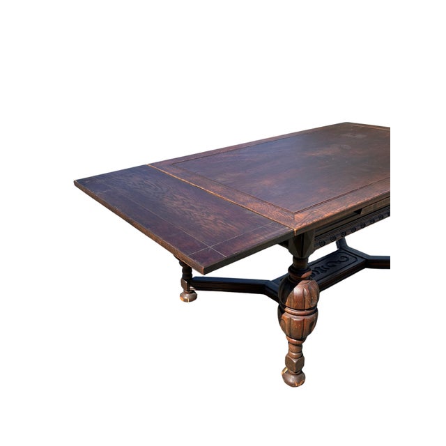 Wood Early 20th Century Jacobean Revival Carved Oak Draw-Leaf Dining Table For Sale - Image 7 of 12