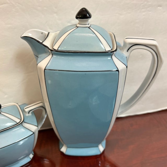 Art Deco Noritake Art Deco Style Robin's Egg Blue, White and Black Stripe Demitasse Service for 4 Signed For Sale - Image 3 of 11