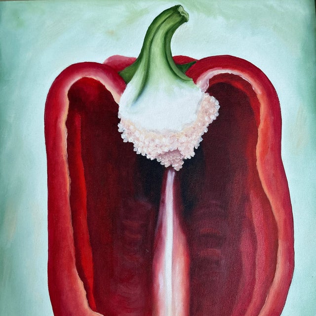 Contemporary original red pepper still life painting on canvas. Signed and framed. Measures 20x24. Check out my shop...