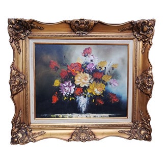 Vintage Floral Oil Painting on Canvas with Ornate Gilt Frame Flowers, Circa 1980 For Sale