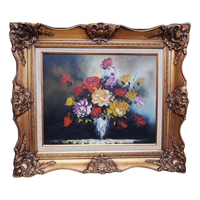 Vintage Floral Oil Painting on Canvas with Ornate Gilt Frame Flowers, Circa 1980 For Sale