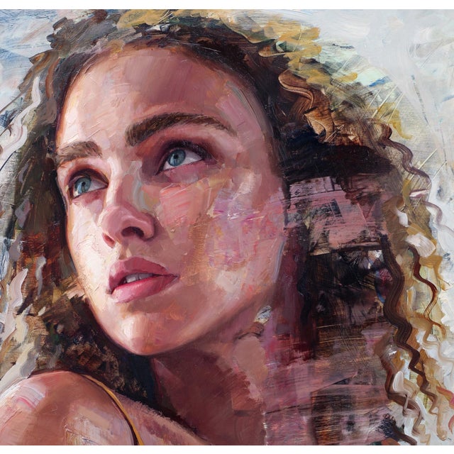 This oil on panel artwork captures a moment of introspection, featuring a young woman gazing upward with a contemplative...