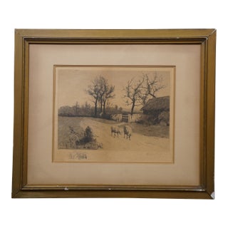 Late 19th Century Antique Arthur Hoeber Sheep on a Country Lane Signed Landscape Etching 25", Framed For Sale