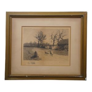 Late 19th Century Antique Arthur Hoeber Sheep on a Country Lane Signed Landscape Etching 25", Framed