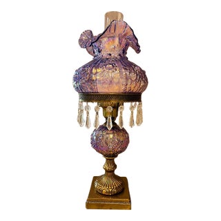 Vintage Amethyst Carnival Glass Hurricane Lamp With Brass Base & Crystal Prisms For Sale