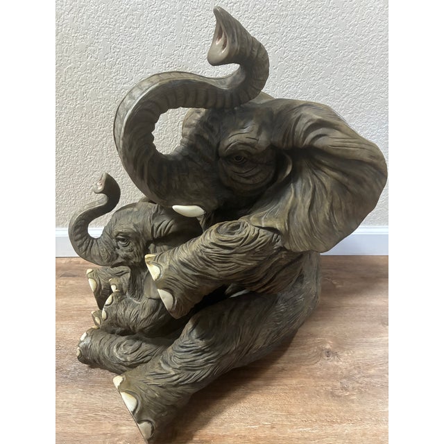 Traditional Vintage Resin Mother and Baby Elephant Statue With Trunks Raised For Sale - Image 3 of 16